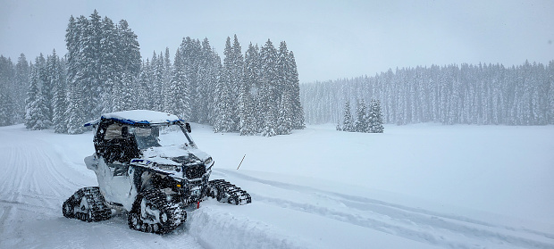RZR side by side UTV with snow tracks in deep snow on the Grand Mesa National Forest with pine trees and snowing in the background. Snowmobile trail, Cedaredge and Grand Junction, Colorado.