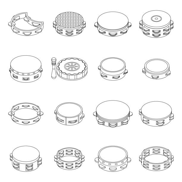 タンバリンアイコンセ�ットアイソメトリックスタイル - tambourine点のイラスト素材／クリップアート素材／マンガ素材／アイコン素材