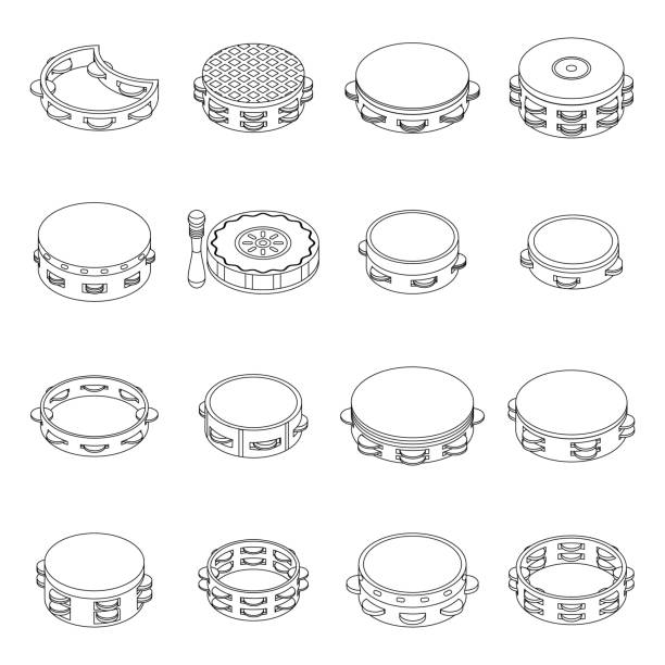 ikony tamburynu ustawiają styl izometryczny - tambourine stock illustrations