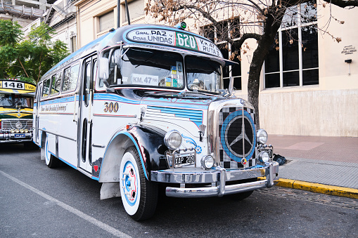 Buenos Aires, Argentina, June 20, 2022: Daimler Mercedes Benz 911, old vintage bus for public passenger transport, line 620, year 1969, during an exhibition of the antique bus museum.