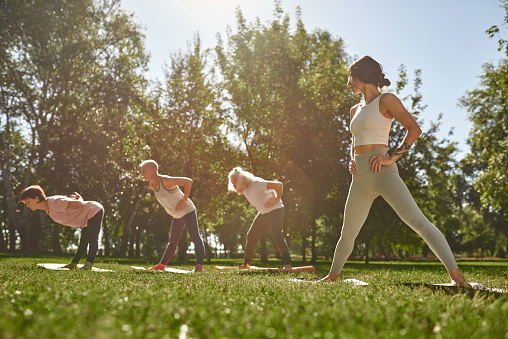 Bottom view of female trainer teaching middle aged european man and women how practicing yoga in forward triangle pose in sunny park. Sportive people on fitness mats on green lawn. Healthy lifestyle