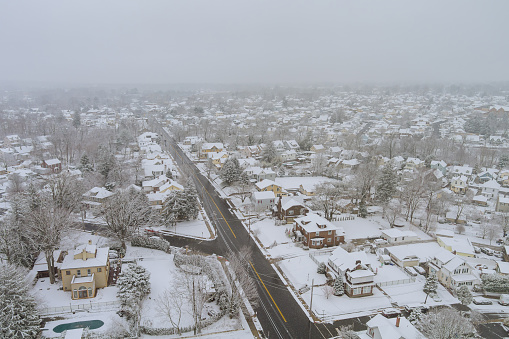 Aerial view of snowfall after severe winter American small town in South Carolina US
