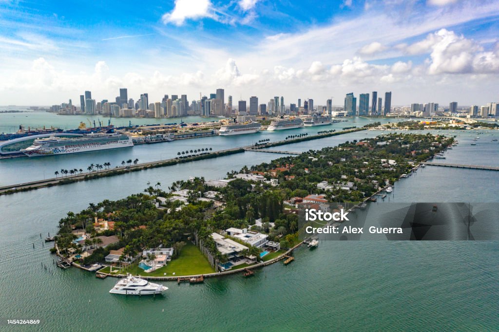 Island, Cruise Ships, Downtown Photo of a private island, cruise harbor and downtown Cruise Ship Stock Photo