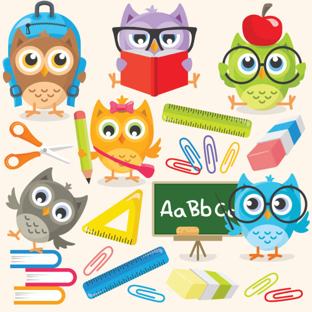 School baby owls School baby owls hand drawn vector art cartoon of bird with glasses stock illustrations
