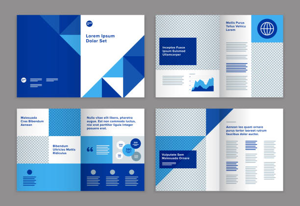 Brochure design template with abstract geometric graphics — Avery System, IpsumCo Series Abstract geometric designs, templates, and backgrounds inspired by mid-century modern style. Brochure template created at 8.5 x 11 inches (216 x 279 mm) for standard US letter-size paper (similar to A4). Vector artwork is easy to edit and scales to any size. right triangle pattern stock illustrations