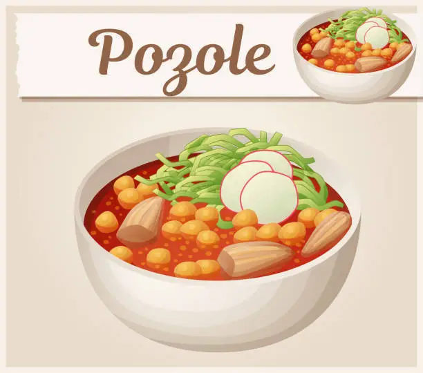 Vector illustration of Mexican soup pozole rojo vector icon. Traditional food made of homini corn, chicken meat and garnished with shredded cabbage and radish cartoon illustration