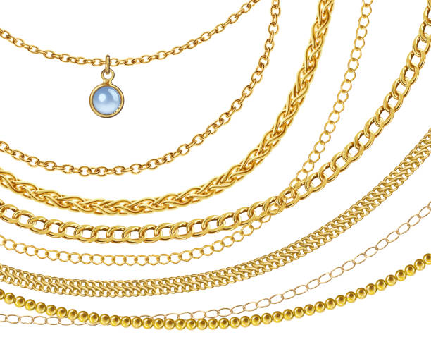 viele verschiedene goldene ketten kreuzen sich gegenseitig vektorillustration isoliert auf weißem hintergrund. ein anhänger mit weißer perle und vielen goldketten in schichten schmuckdesign - necklace chain gold jewelry stock-grafiken, -clipart, -cartoons und -symbole