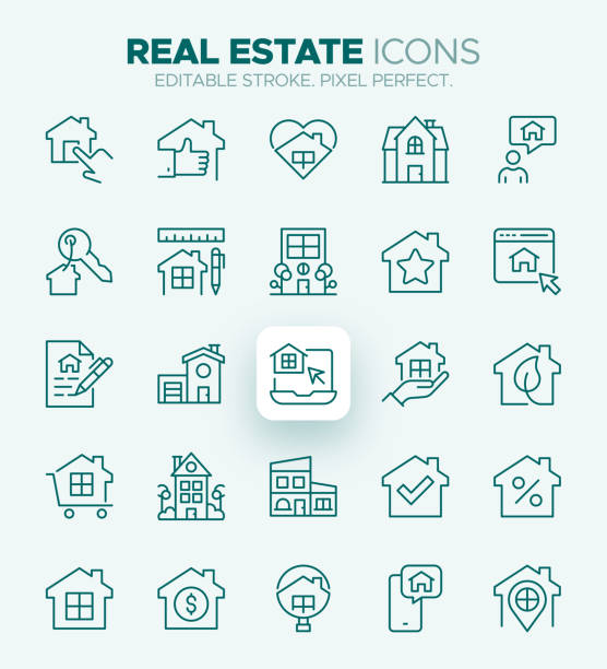 real estate icons - property, housing, investment and renting symbols - emlak ofisi stock illustrations