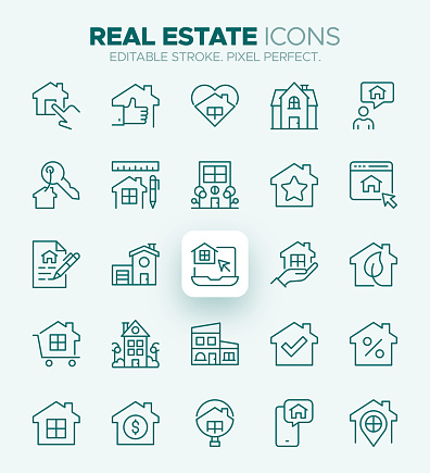 The Real Estate Icon Set includes a variety of icons related to the real estate industry, such as a house, a key, a contract, a calculator, and a map. These icons are perfect for use in real estate websites, marketing materials, and presentations. The set includes both vector and raster versions of the icons, making them easy to use in a variety of design projects. With their clean, modern design, these icons will help make your real estate content stand out. Keywords: real estate, house, key, contract, calculator, map, vector, raster, design, modern.