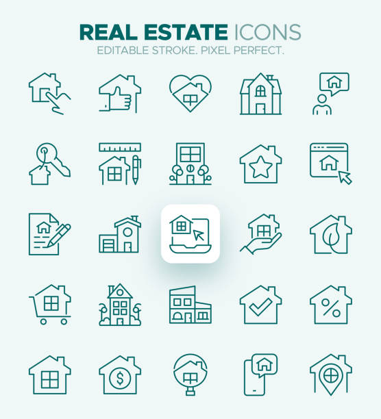 Real Estate Icons - Property, Housing, Investment and Renting Symbols The Real Estate Icon Set includes a variety of icons related to the real estate industry, such as a house, a key, a contract, a calculator, and a map. These icons are perfect for use in real estate websites, marketing materials, and presentations. The set includes both vector and raster versions of the icons, making them easy to use in a variety of design projects. With their clean, modern design, these icons will help make your real estate content stand out. Keywords: real estate, house, key, contract, calculator, map, vector, raster, design, modern. landlord stock illustrations