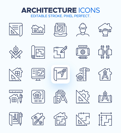 The Architecture Icon Set includes icons of various architectural structures such as buildings, houses, bridges, and skyscrapers. It also includes icons of tools and materials commonly used in construction and architecture, such as a hammer, screwdriver, blueprint, and brick. These icons are perfect for use in real estate, construction, and design projects. The set includes high-quality vector graphics that can be easily resized and customized to fit your needs.