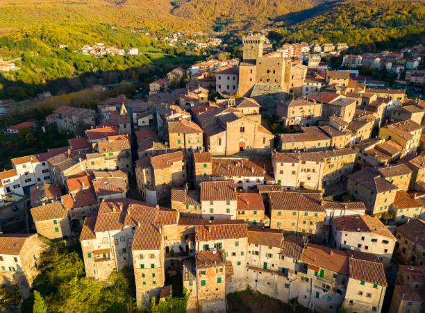 Arcidosso, Italian medieval town from drone Aerial view of Arcidosso, Tuscan town arcidosso tuscany italy stock pictures, royalty-free photos & images