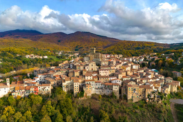 Arcidosso, Italian medieval town from drone Aerial view of Arcidosso, Tuscan town arcidosso tuscany italy stock pictures, royalty-free photos & images