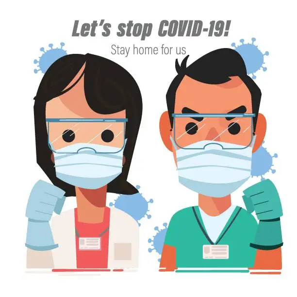 Vector illustration of male and female doctor showing fist hand to fight with virus - vector