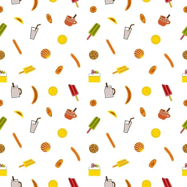 Vector illustration of Traditional mexican desserts (churros, tres leches, paletas, coyotas, conchas) with chocolate sauce seamless pattern. Latin American donut, pastry, ice cream, cake background. Vector flat illustration.