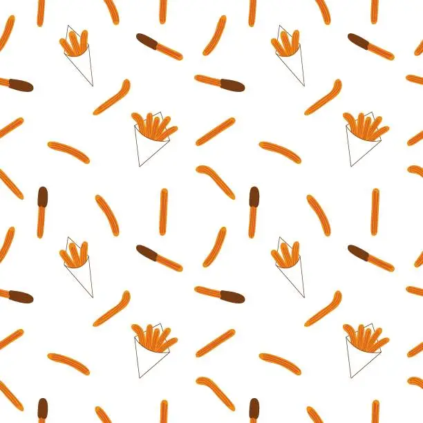 Vector illustration of Traditional churros with chocolate sauce seamless pattern. Spanish and Latin American donut pastry background. Vector flat illustration.