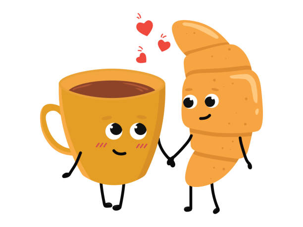 ð¡ute cup of tea and croissant falling in love. love and valentine's day concept. illustration isolated on white background. - fransız mutfağı stock illustrations