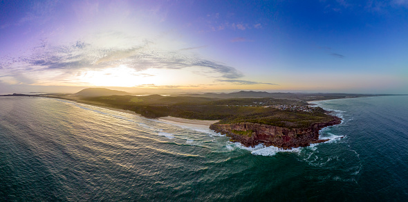 Aerial sunset Panoramic view of Grants Head at Bonny Hills, Port Macquarie.