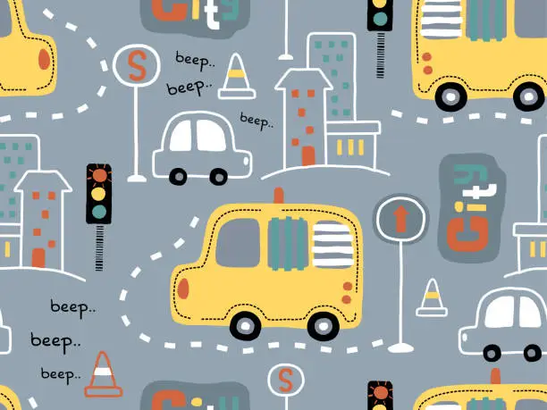 Vector illustration of seamless pattern of vehicles in city road with buildings, hand drawn city elements vector illustration