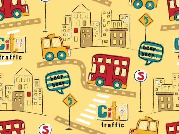 Vector illustration of seamless pattern of hand drawn vehicles cartoon in city road with buildings, cityscape elements vector illustration