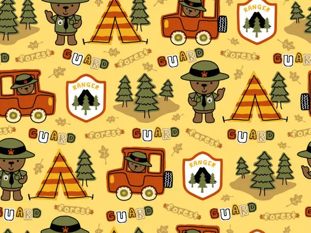 Vector illustration of seamless pattern of funny bear in rangers costume, forest ranger elements cartoon illustration