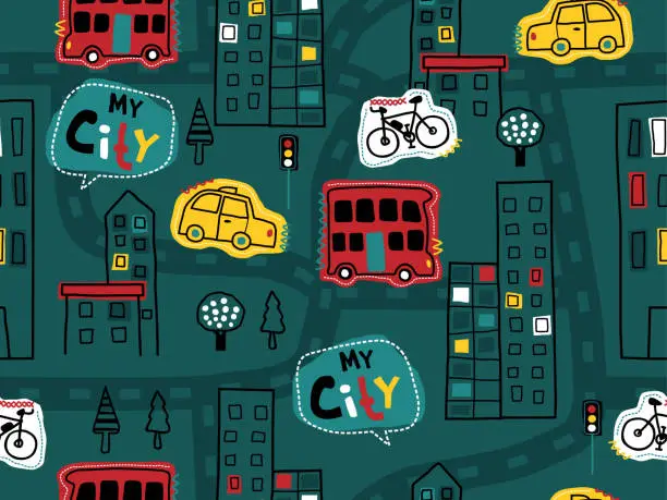 Vector illustration of seamless pattern of hand drawn cityscape elements cartoon with vehicles, buildings and roads