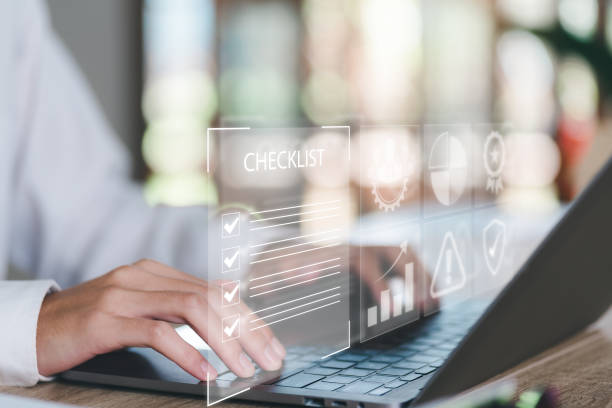 istock man check mark about exploring topics,In the virtual form check sheet,checklist ideas, checkbox to conduct opinion and quality surveys or satisfaction,Connect and work with modern wireless technology 1454283161