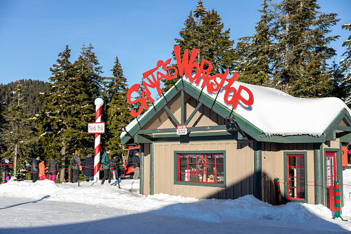 Vancouver, Canada - December 16,2022: A view of Santas Workshop and the Ice Rink at the Peak of Vancouver(Grouse Mountain Ski Resort)