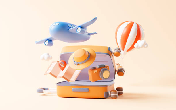 Cartoon style luggage with travel theme, 3d rendering.