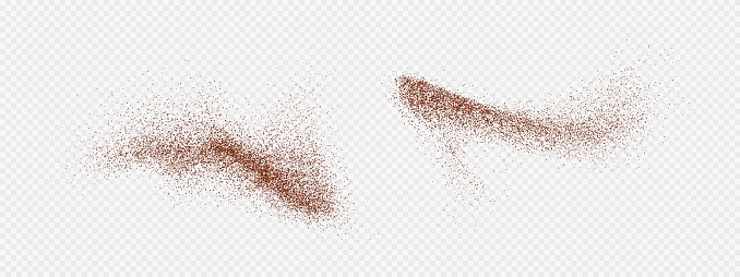 Flying coffee or chocolate powder, dust particles in motion, ground splash isolated on light background. Vector illustration.