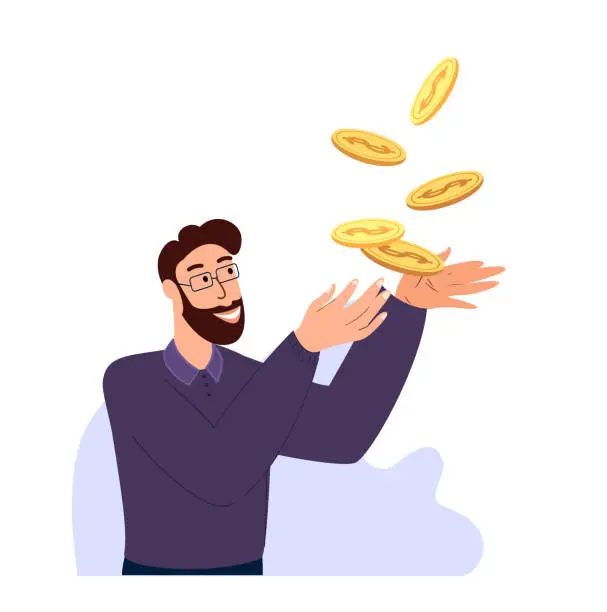 Vector illustration of Poor but happy man taking golden cents dollars in palms.Unemployed beggar,needy person. Finance inequality,wealth and poverty concept. Flat graphic vector illustrations isolated on white background