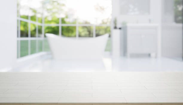 istock 3d rendering of counter with blur bathroom. 1454288215