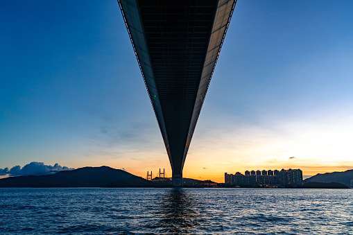Sunset scenery of Tsing Ma Bridge over water in Hong Kong, Asia