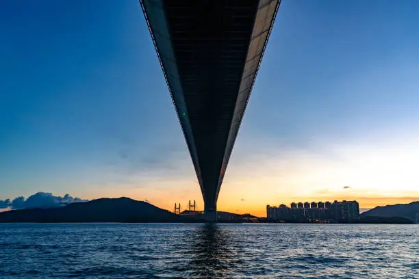 Photo of Sunset scenery of Tsing Ma Bridge over water in Hong Kong, Asia