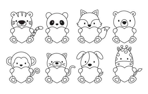 Outline Valentine’s Day Animals Holding Hearts Vector Illustration vector art illustration