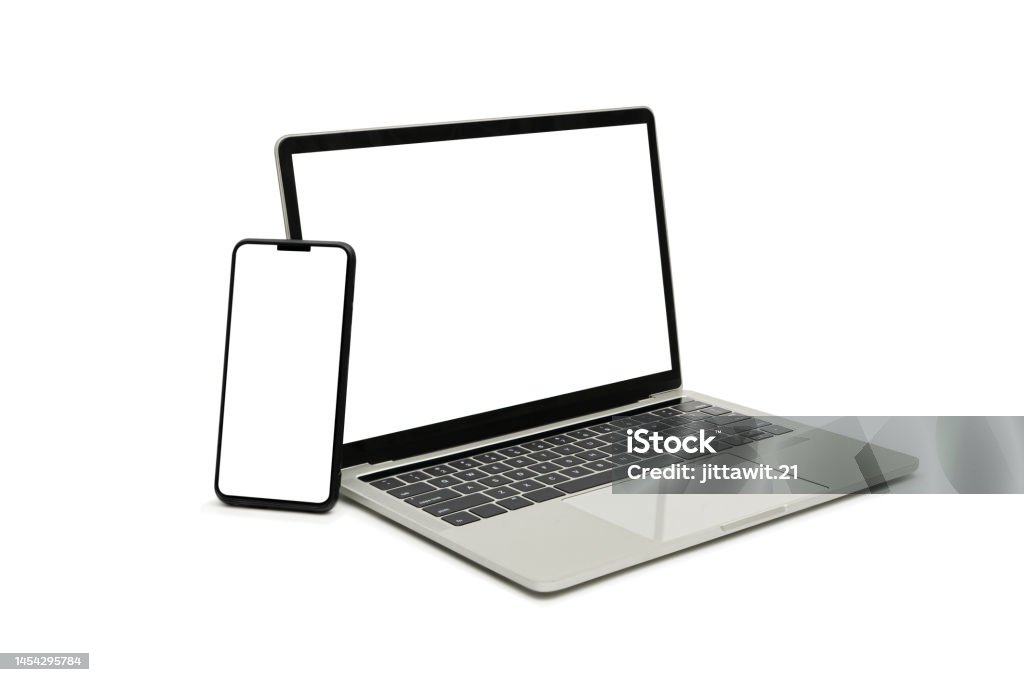 Laptop and smartphone, display. on white background workspace mock up design. Computer, laptop and smartphone, display. on white background workspace mock up design. Laptop Stock Photo
