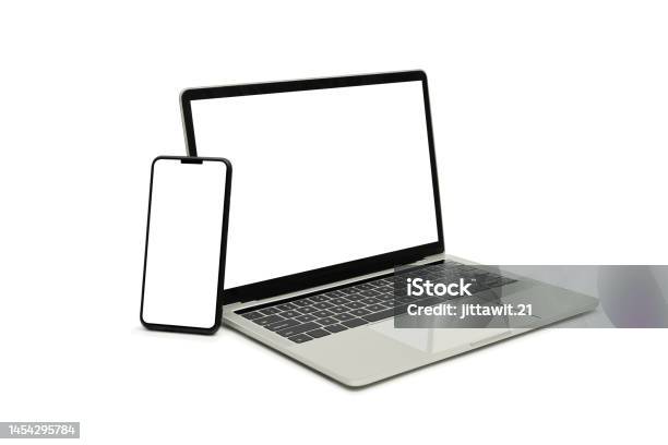 Laptop And Smartphone Display On White Background Workspace Mock Up Design Stock Photo - Download Image Now