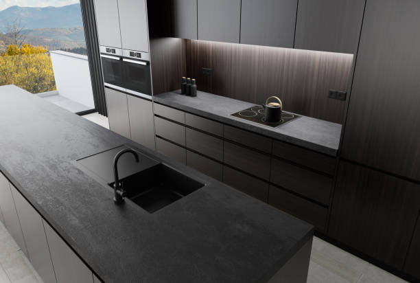 istock Luxury dark kitchen concept. Modern minimalist apartment interior. 1454295848