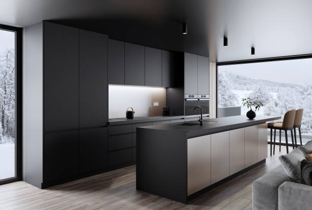 Luxury dark kitchen concept. Modern minimalist apartment interior. stock photo