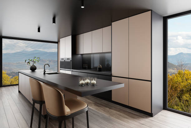 istock Luxury dark kitchen concept. Modern minimalist apartment interior. 1454296510