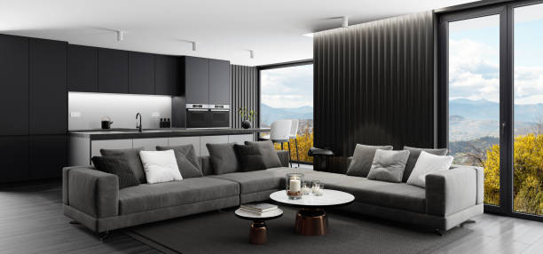 Modern and minimalist apartment interior. Dark Kitchen concept with long island. Modern furniture. 3d renderings.