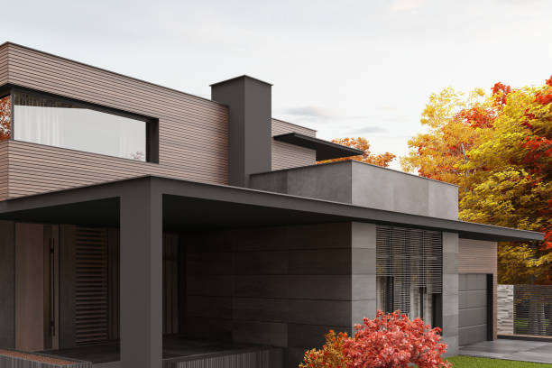 istock Modern villa with wooden and black stone facade. Autumn concept. 1454297725