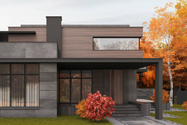 istock Modern villa with wooden and black stone facade. Autumn concept. 1454297734
