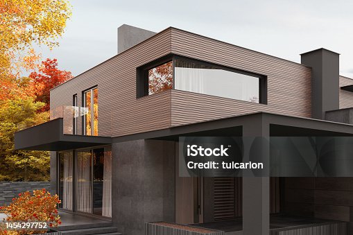 istock Modern villa with wooden and black stone facade. Autumn concept. 1454297752
