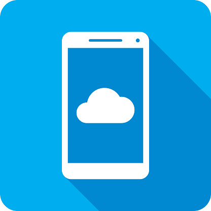 Vector illustration of a smartphone with cloud icon against a blue background in flat style.