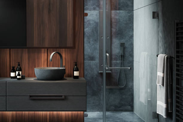 bagno minimalista moderno di lusso scuro - tile bathroom tiled floor marble foto e immagini stock