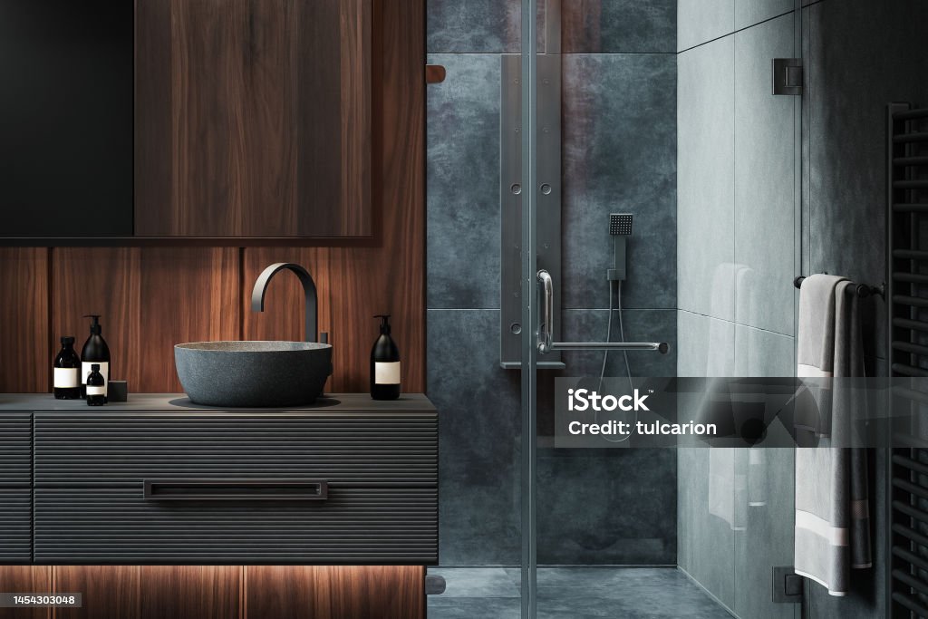 Modern dark luxury  minimalist  bathroom Luxurious dark bathroom with natural stone tiles and wood. Modern Scandinavian bathroom concept. 3d rendering Bathroom Stock Photo