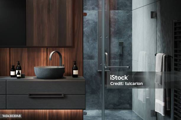 Modern Dark Luxury Minimalist Bathroom Stock Photo - Download Image Now - Bathroom, Shower, Luxury