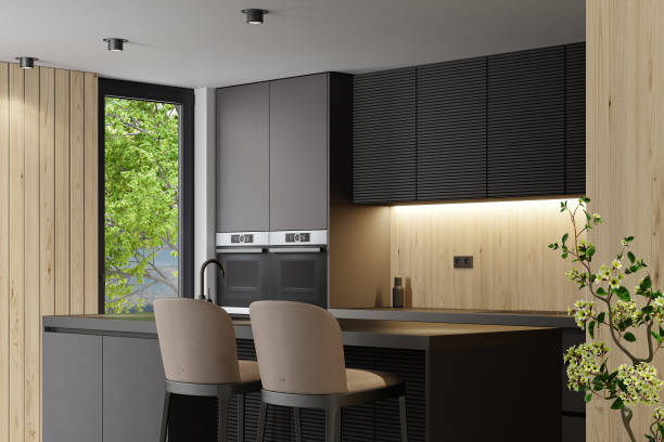 istock Modern minimalist kitchen with long island 1454303126