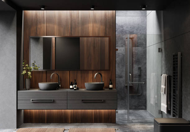 현대적인 어두운 럭셔리 미니멀리스트 욕실 - glass showcase interior bathroom shower 뉴스 사진 이미지